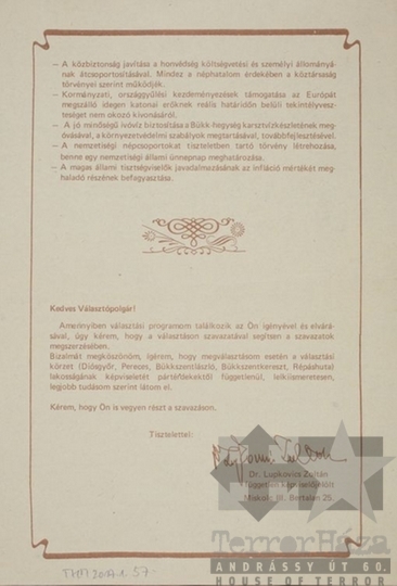 THM-PLA-2017.1.57b - Független jelölt választási szórólap - 1990