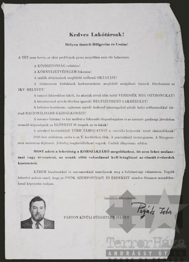 THM-PLA-2017.8.8T - Független jelölt választási szórólap  - 1990