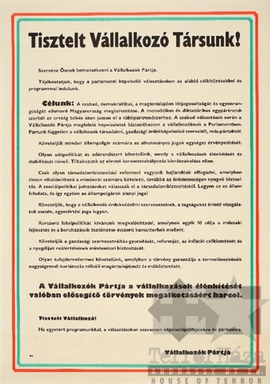 THM-PLA-2019.15.3 - Vállalkozók Pártja választási plakát - 1990